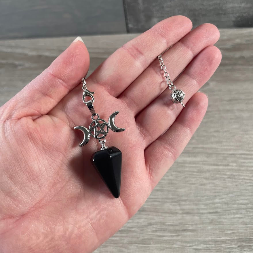 Obsidian triple moon gemstone pendulum for scrying