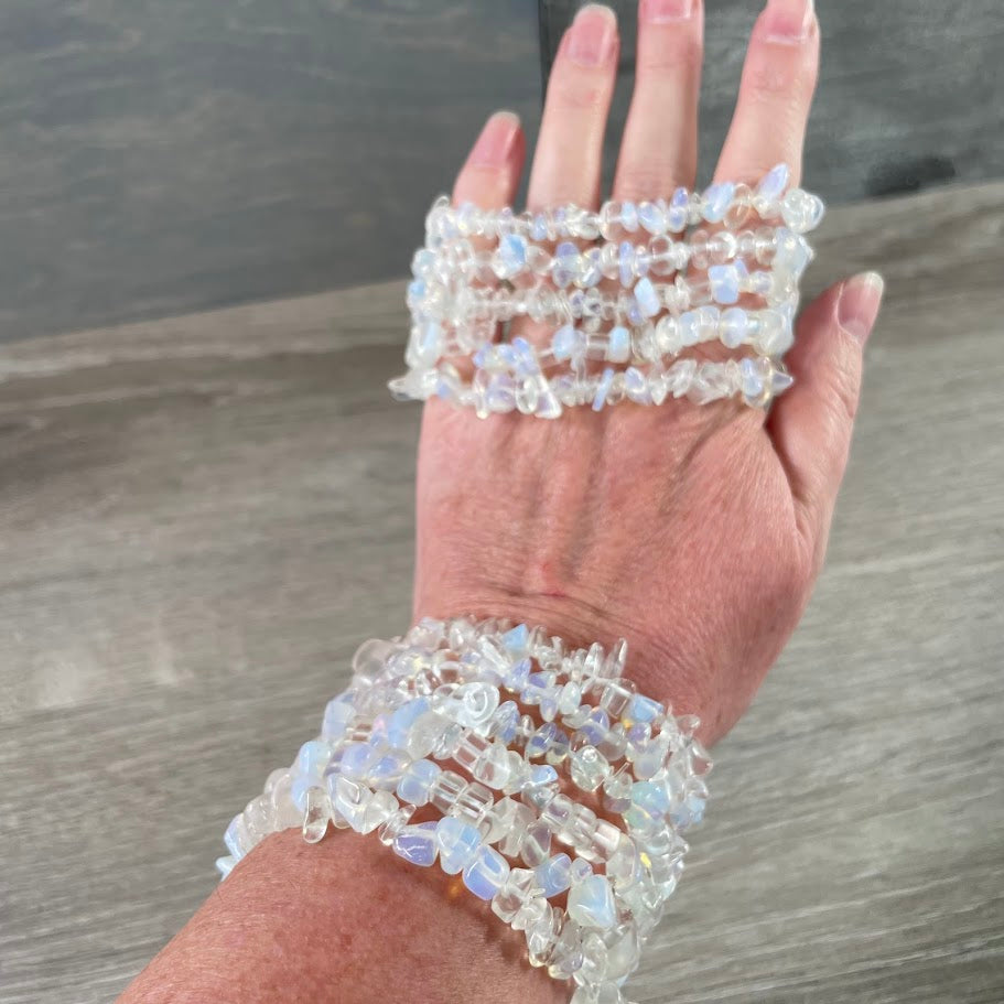 Wholesale gemstone stretch bracelets featuring opalite stone chip beads