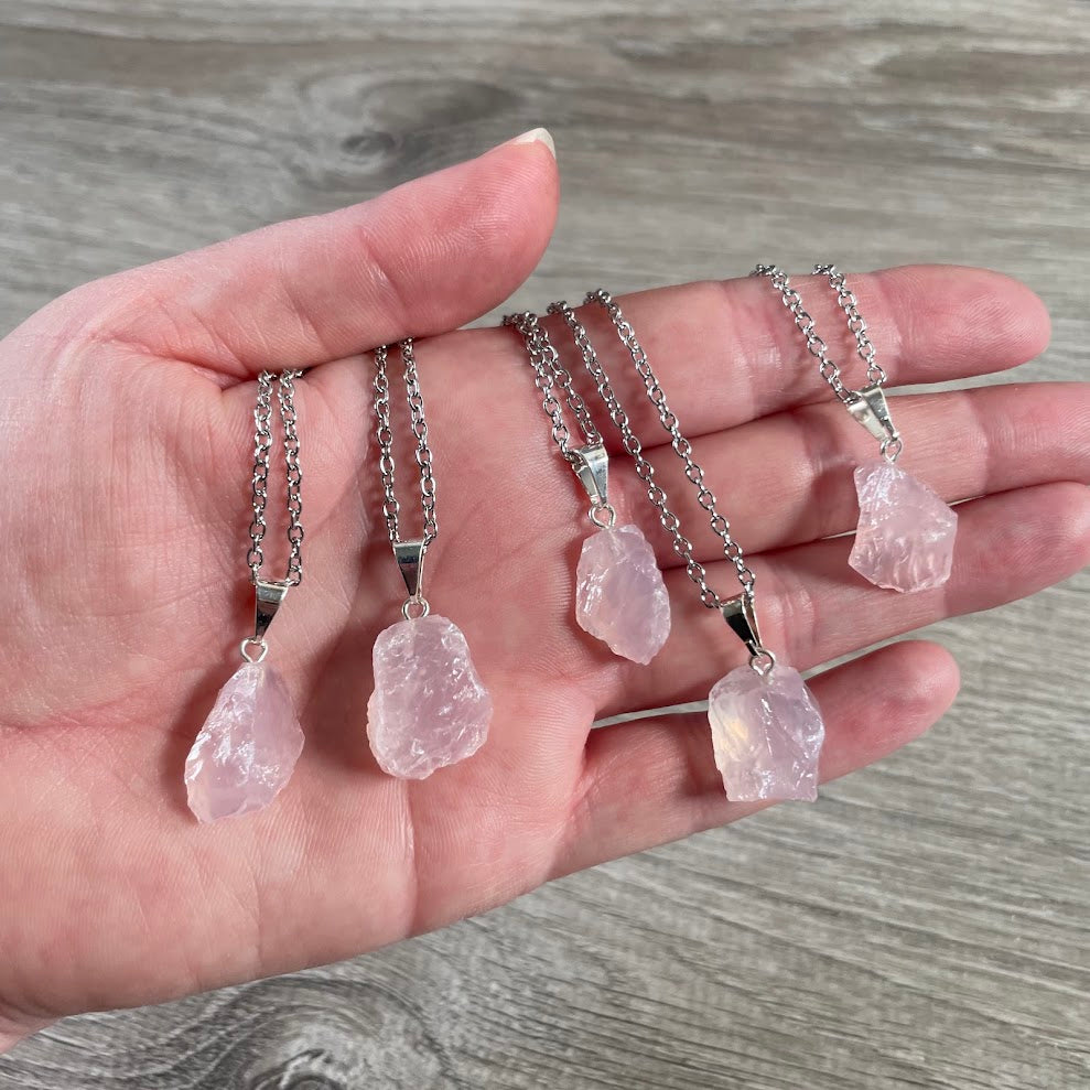 Rose quartz raw crystal pendant with stainless steel chain gemstone necklace