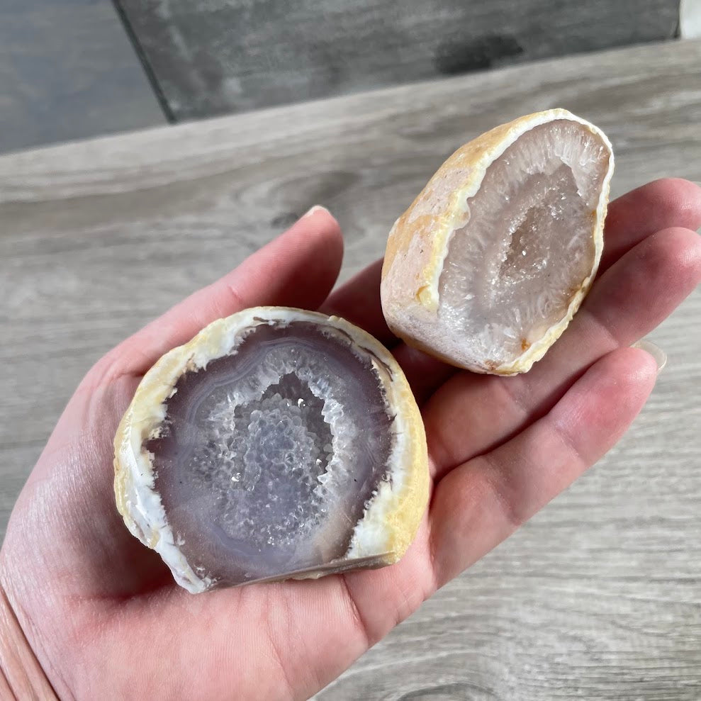 Natural druzy agate specimen with polished front and agate banding