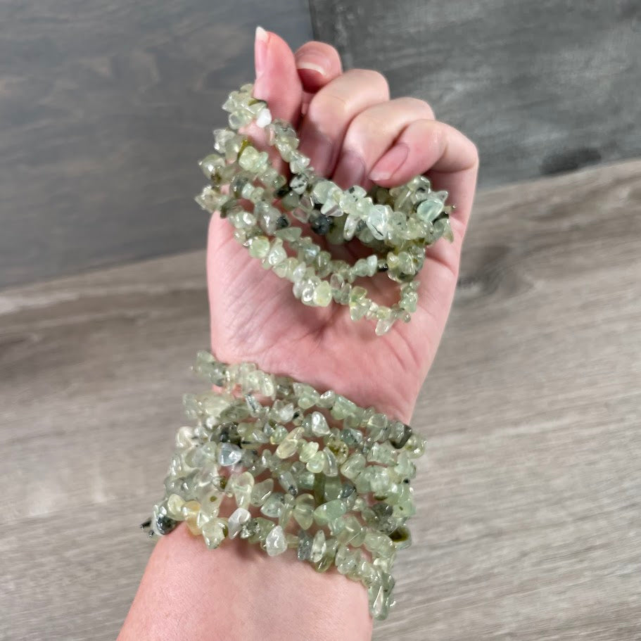 prehnite gemstone chip bead bracelets for crystal shop jewelry and retail displays