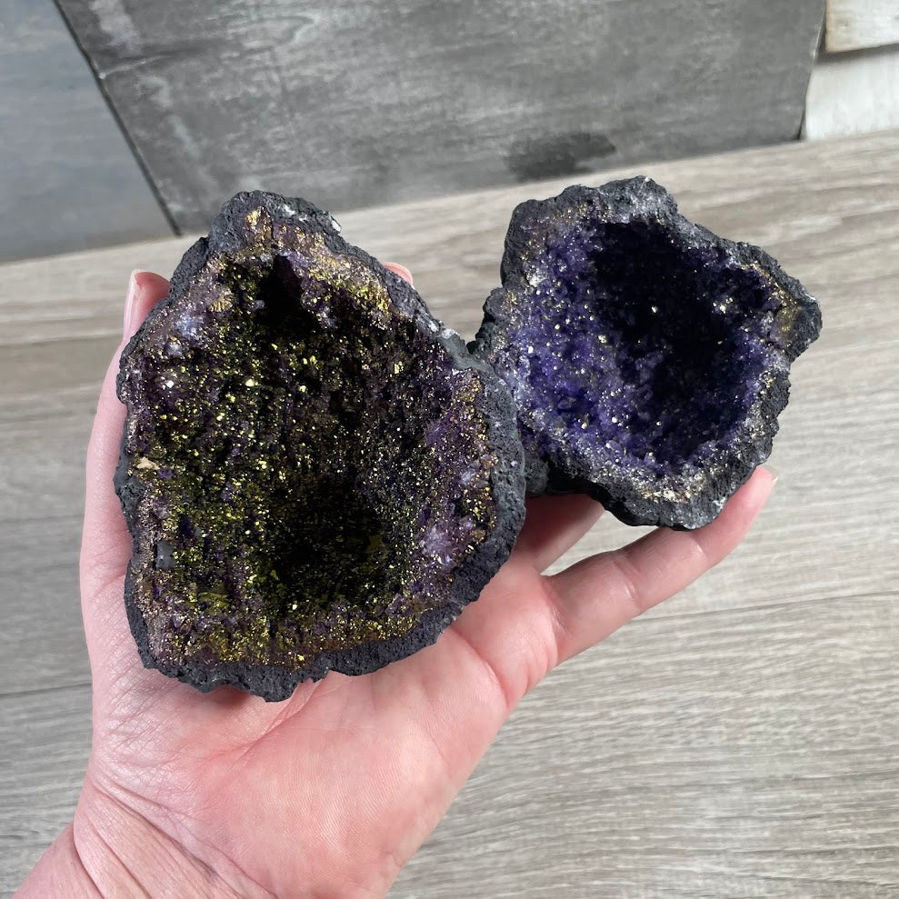 Colorful dyed geode pair for crystal shop displays, gifts, and home décor