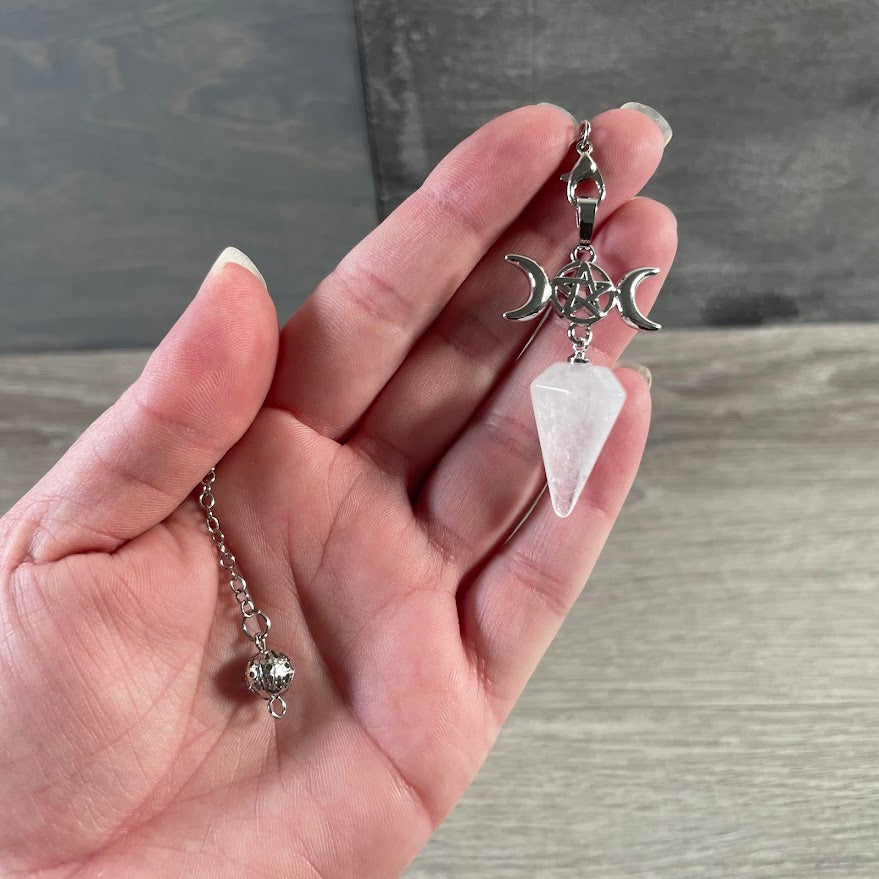 Clear Quartz Triple Moon gemstone pendulum for wholesale crystal shops and metaphysical retailers