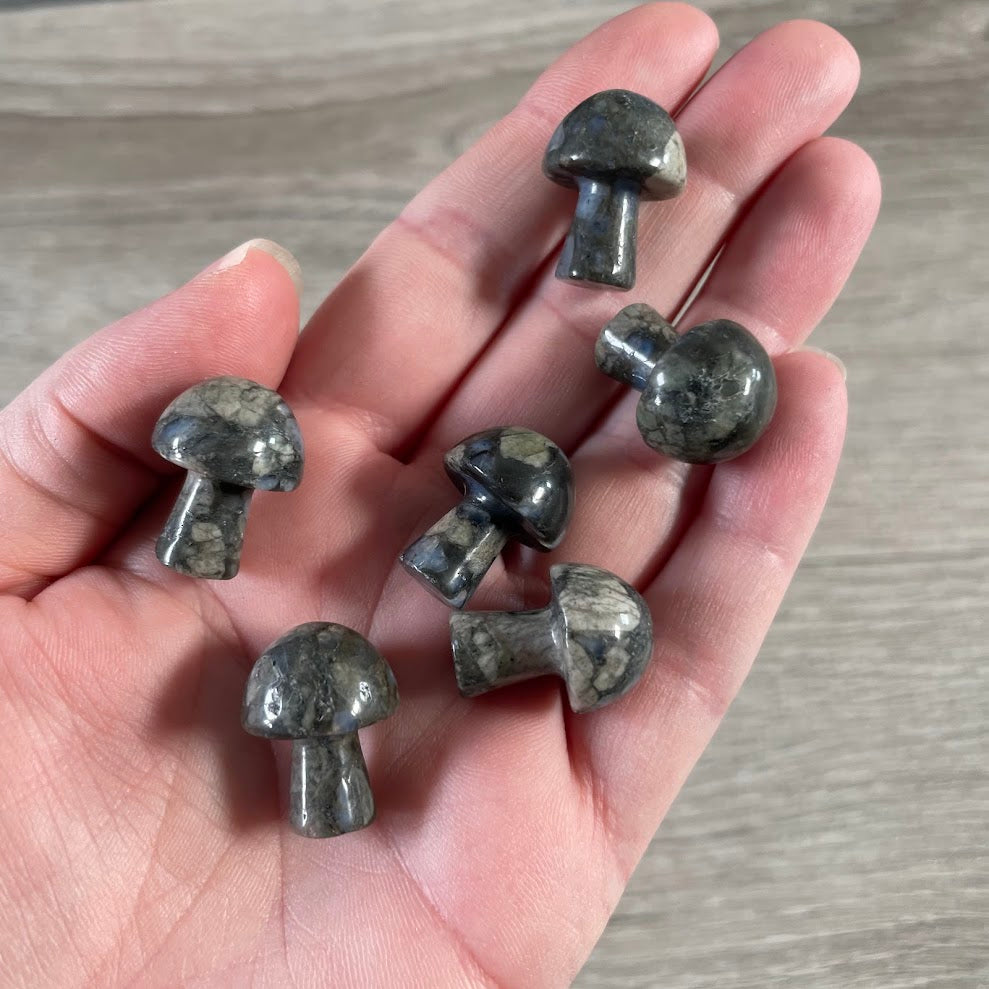 Que sera sera gemstone mushroom figurine with natural stone patterns