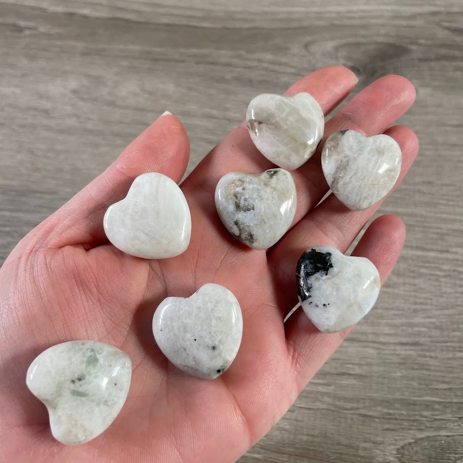 Polished rainbow moonstone crystal pocket stone 1-inch heart-shaped gemstone