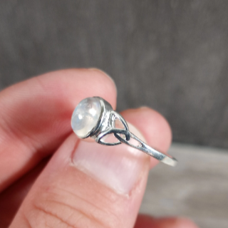 Sterling silver ring with celtic trinity knot band and Rainbow Moonstone center stone