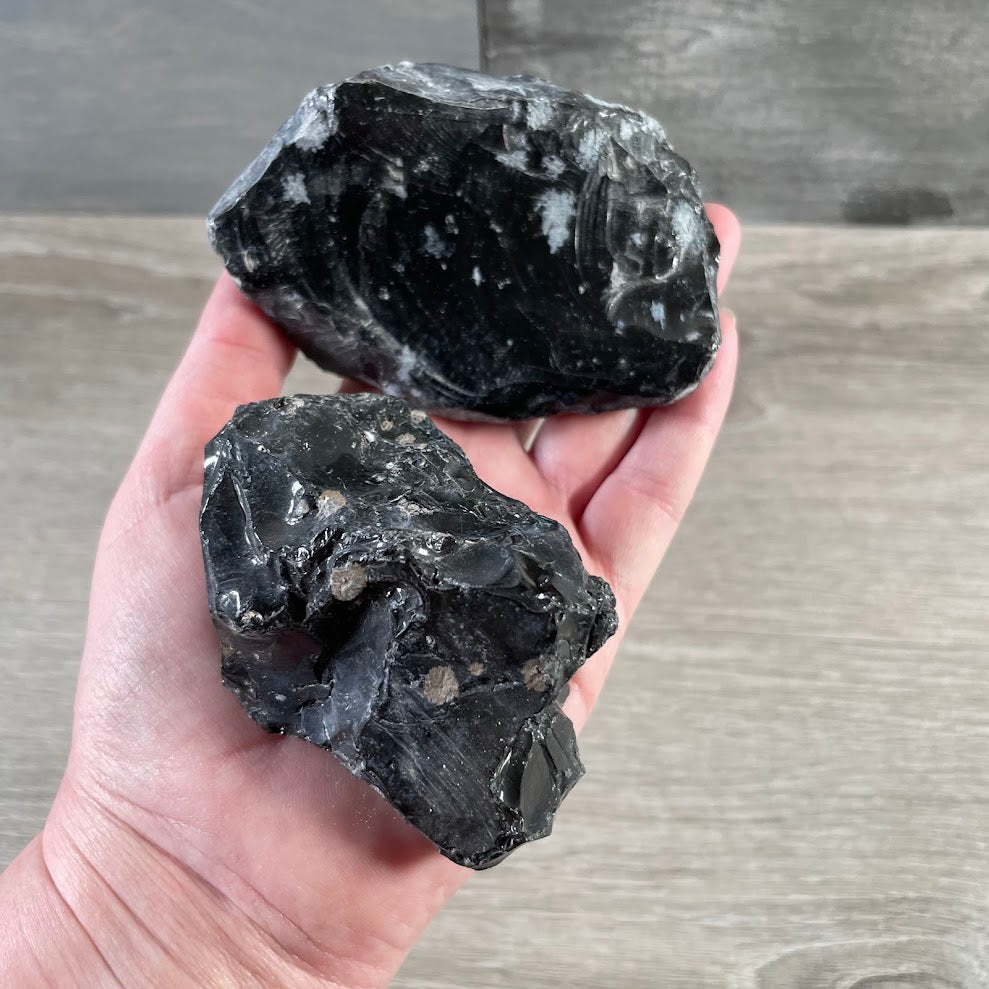 Black obsidian raw crystal with snowflake pattern for retail display