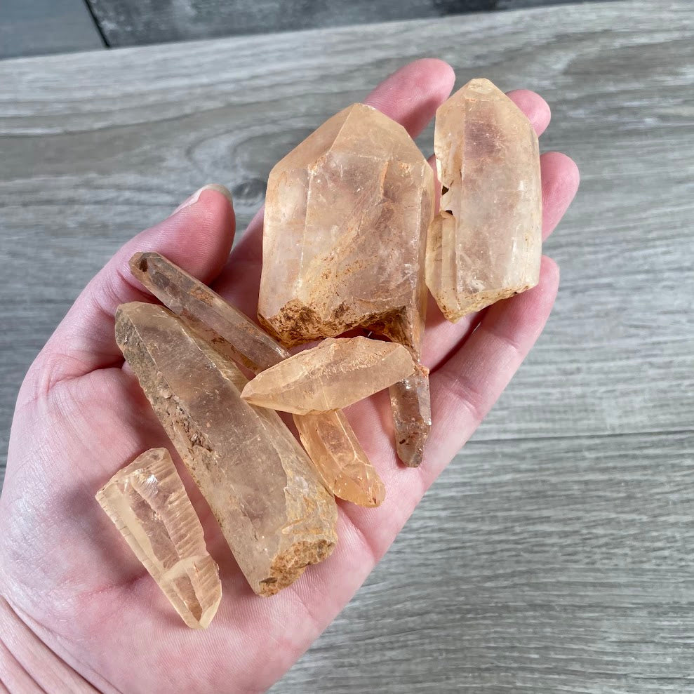 Natural Tangerine Quartz points with orange iron staining raw quartz crystals