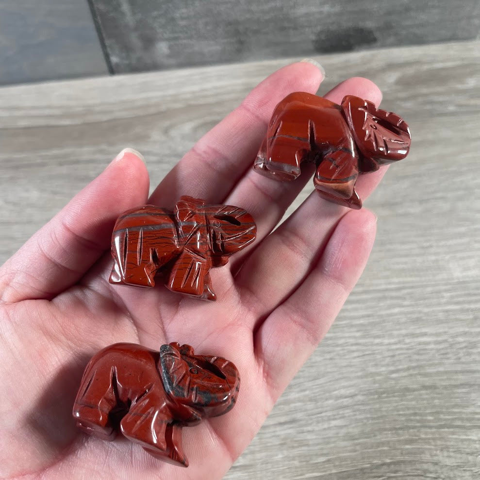 Red jasper crystal elephant figurines for wholesale gemstone and metaphysical retailers