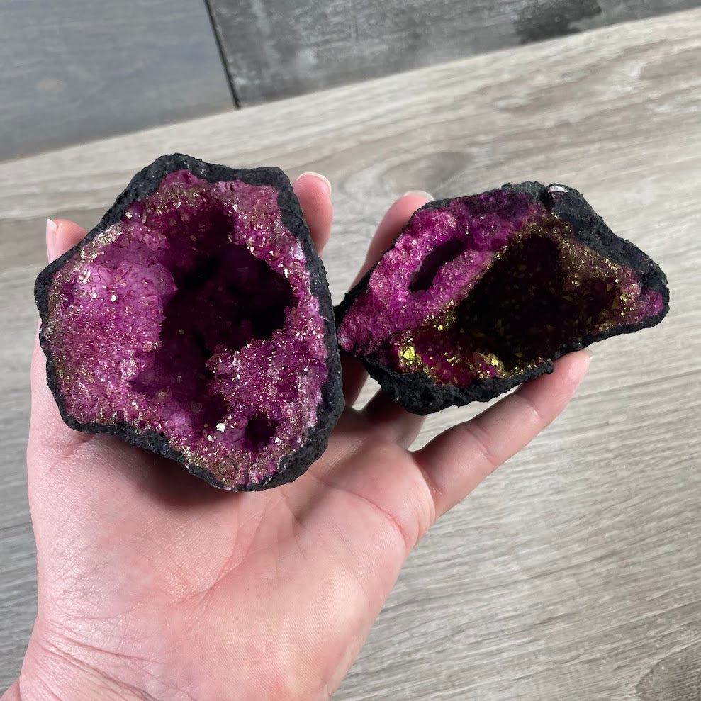 Colorful natural geode pair with dyed crystal center for gift shop and rock shop resale