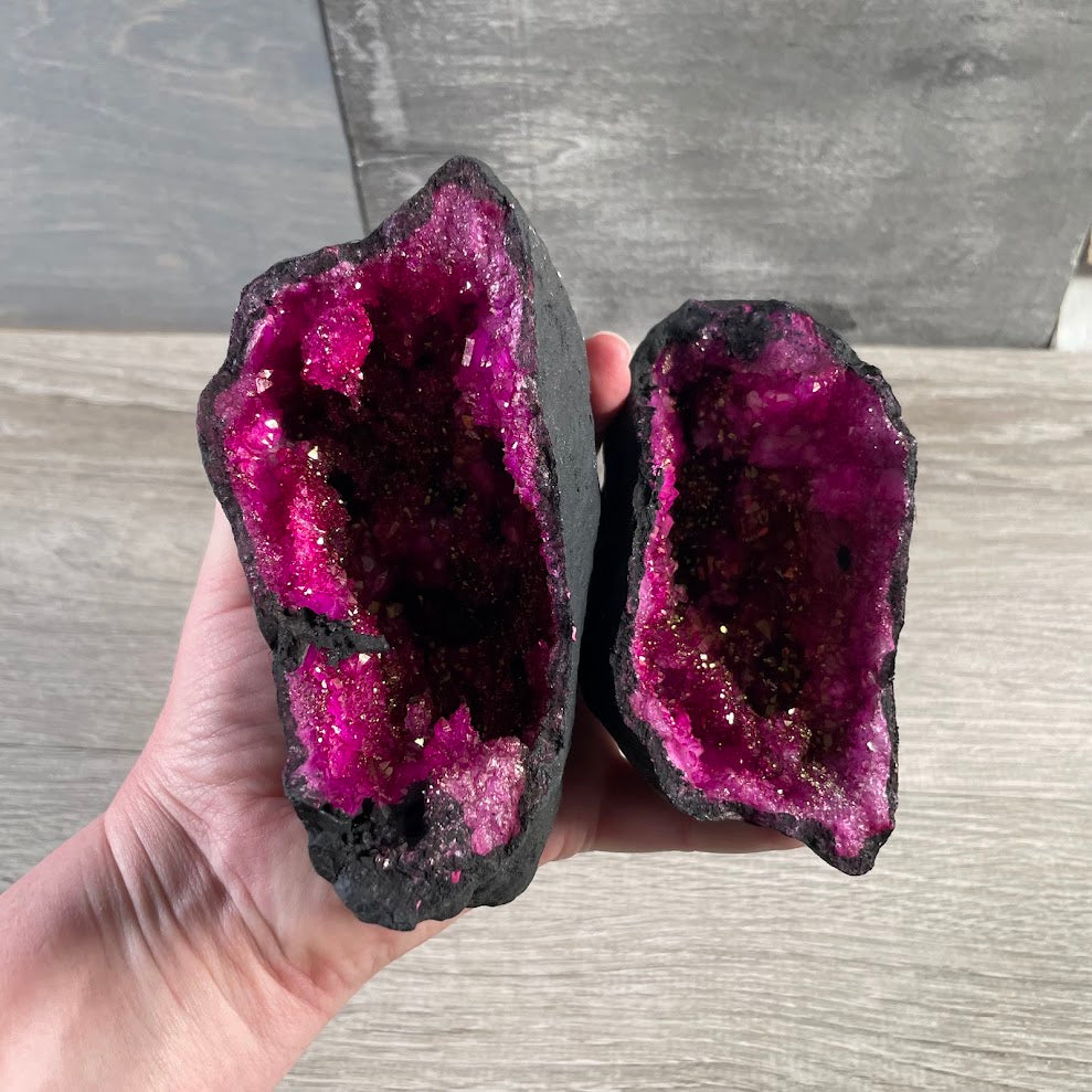 Wholesale dyed geode pairs with colorful sparkling crystal formations for retailers
