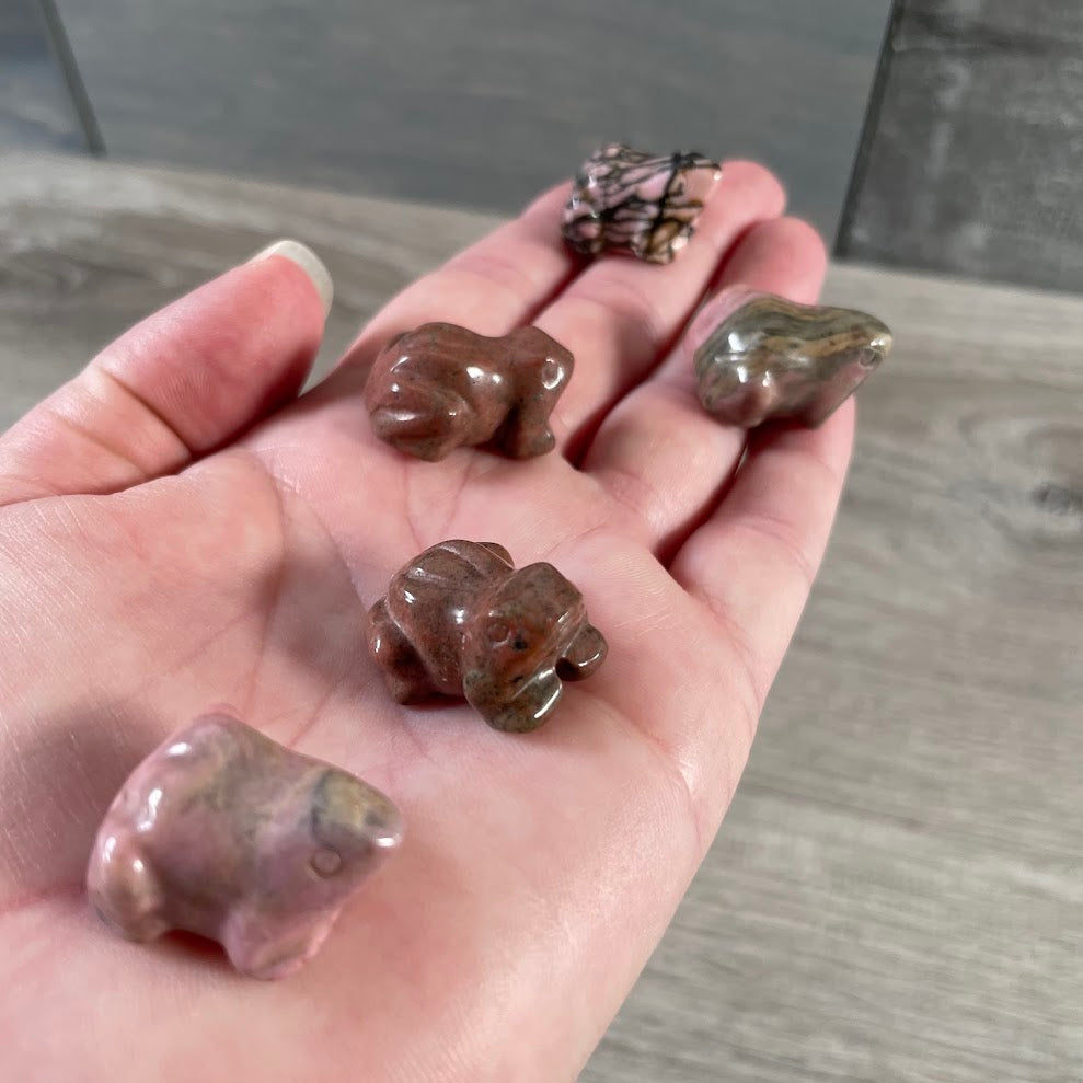 Rhodonite Gemstone frog figurines for nature and animal themed gifts