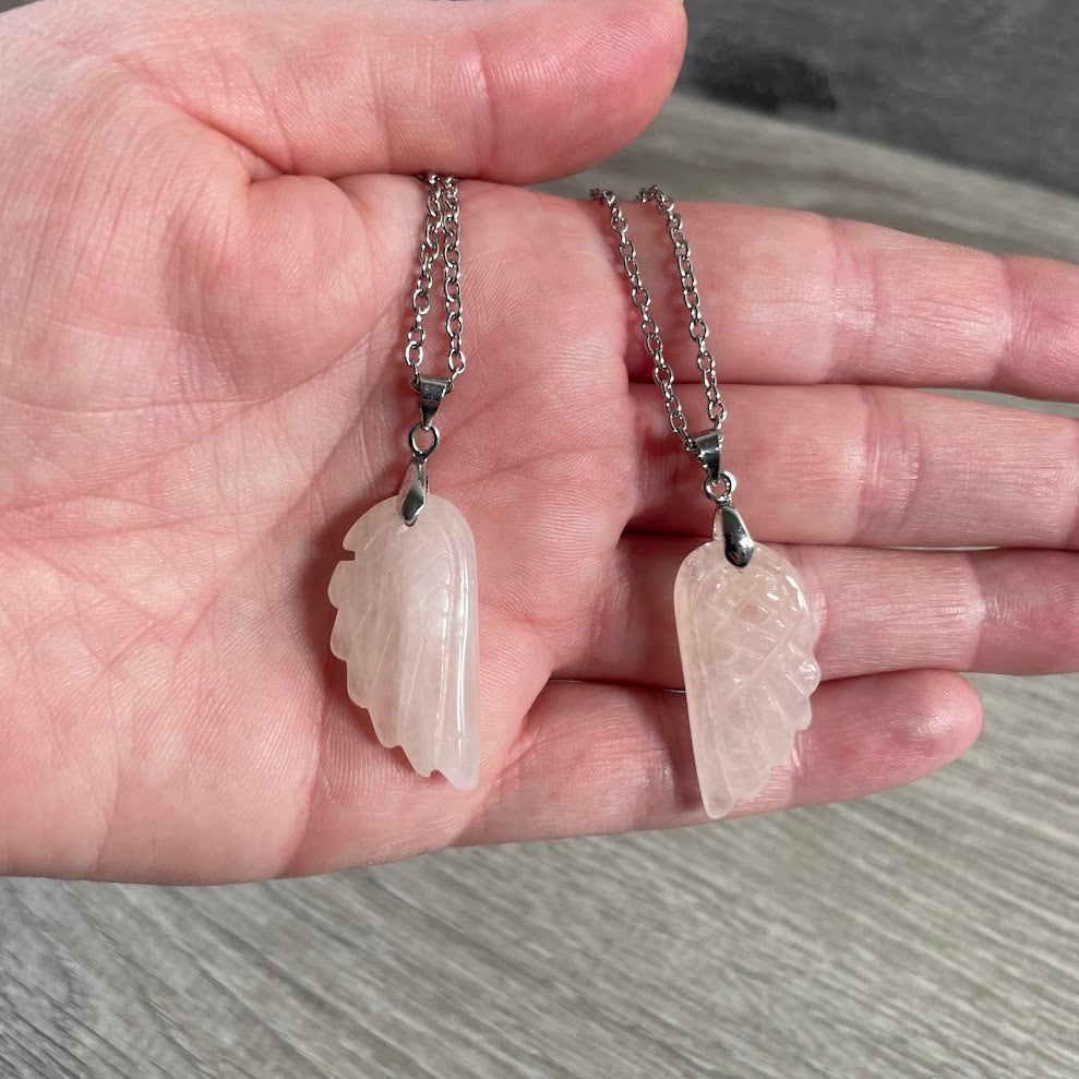 Natural stone rose quartz angel wing pendant crystal jewelry necklace