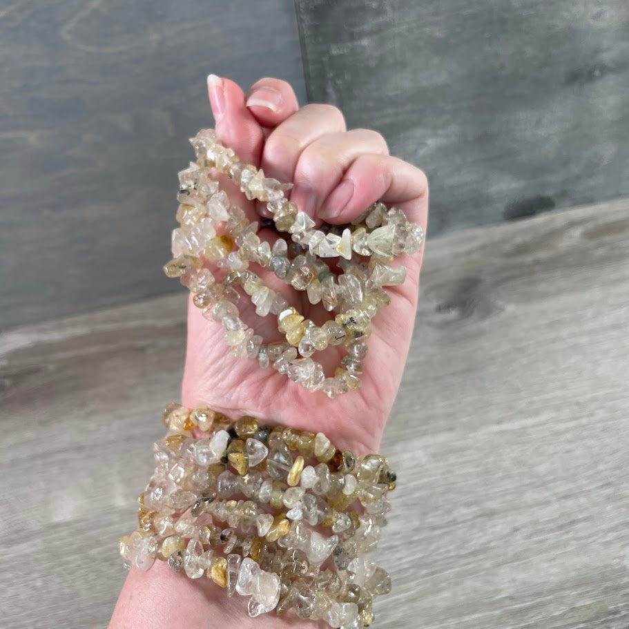 Affordable rutilated quartz gemstone chip stretch bracelets for wholesale jewelry collections