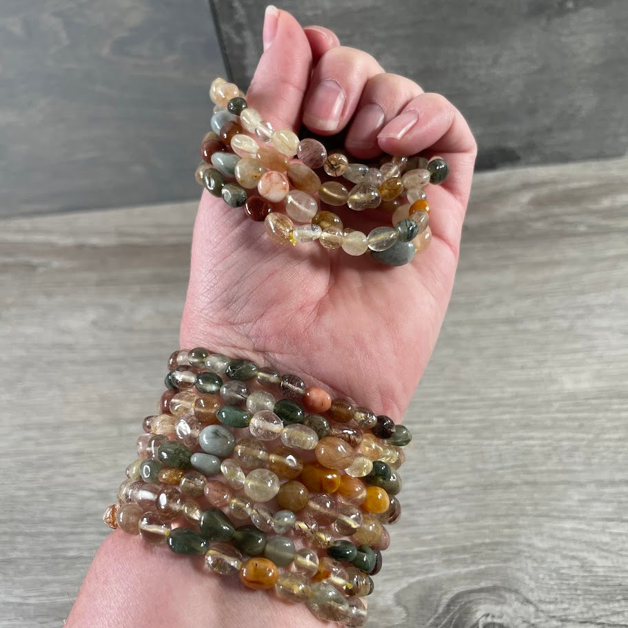 Rutilated Quartz natural crystal nugget stretch bracelet with polished gemstone beads