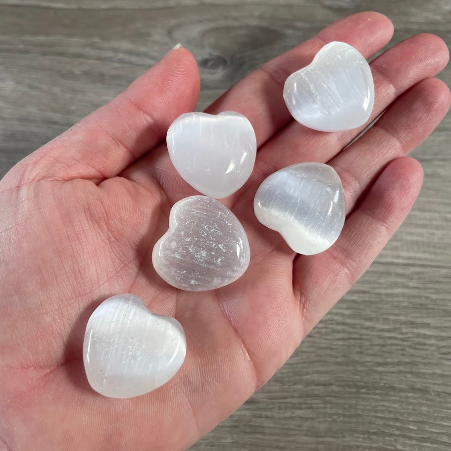 selenite 1-inch heart-shaped crystal polished natural gemstone