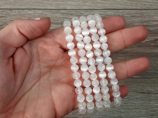 Stretchy bracelet made from 6mm round selenite beads