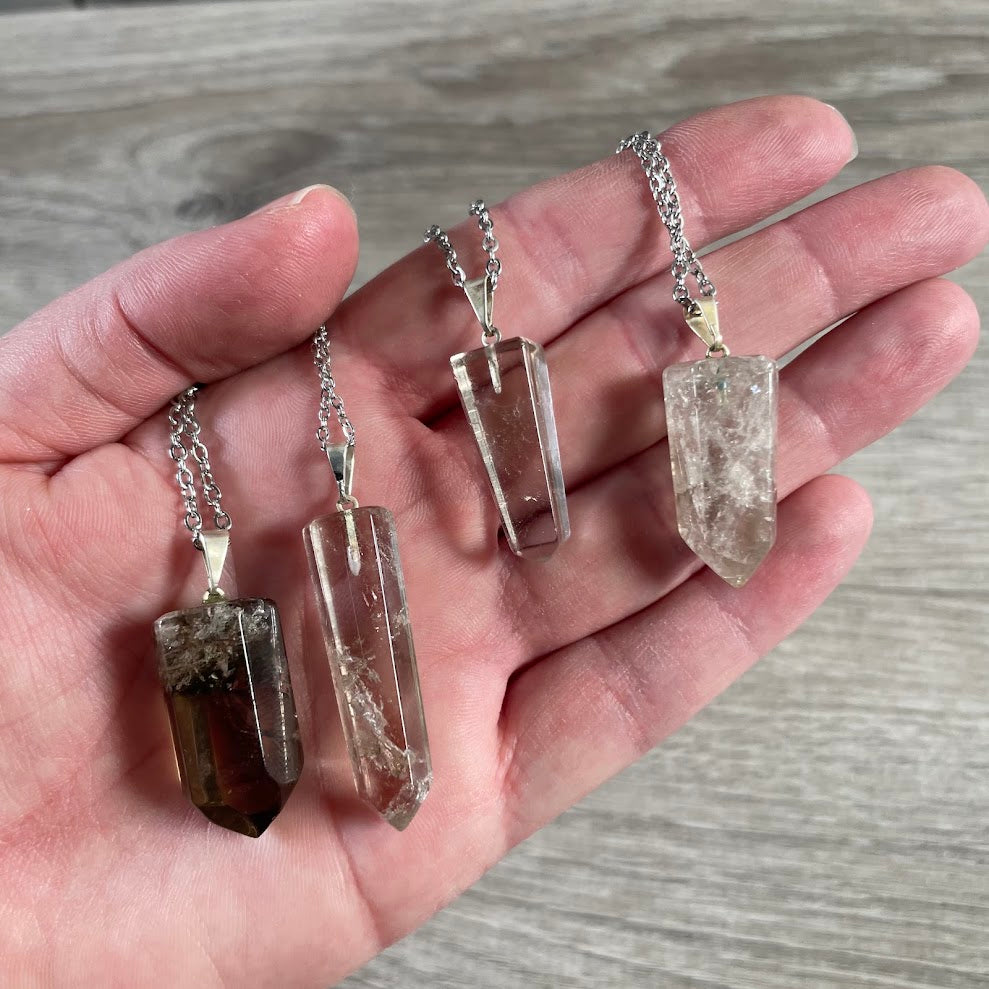 Brazilian Healing Crystal Point Necklace – Polished Gemstone Pendant on Stainless Steel Chain