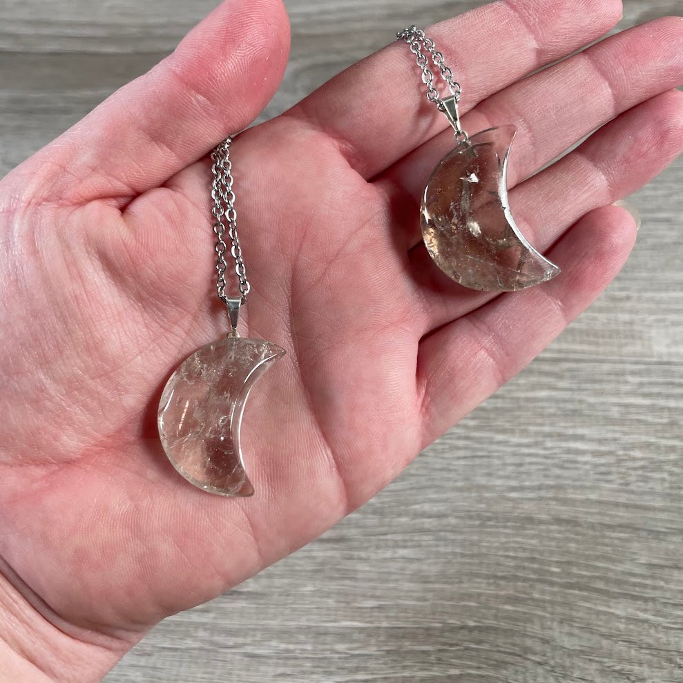 Wholesale smoky quartz crystal moon pendants with stainless steel chains