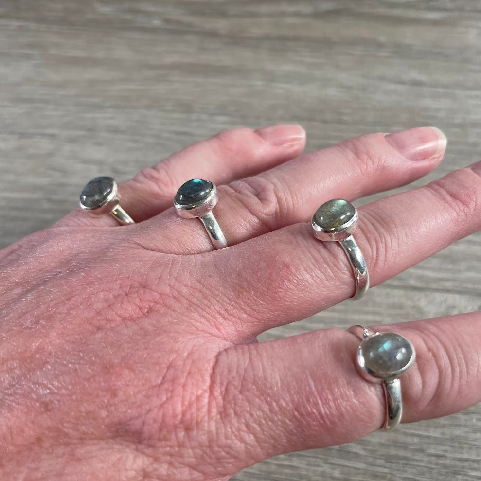 Sterling silver gemstone ring with natural labradorite stone for wholesale boutique jewelry