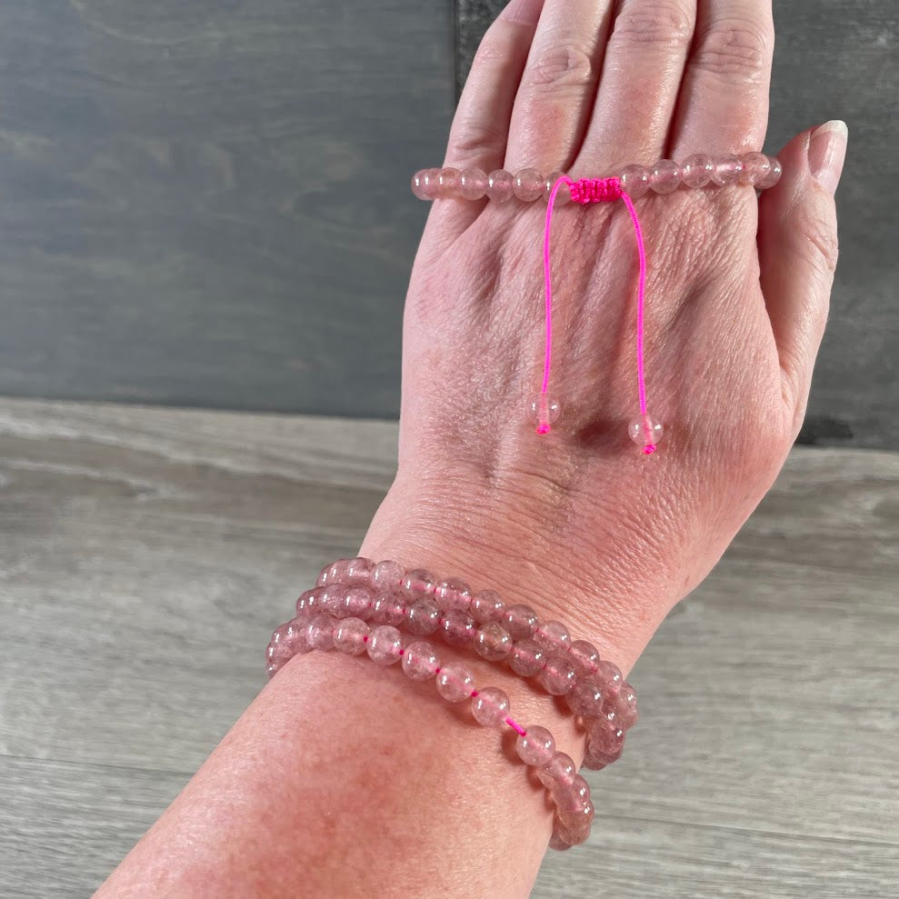 Strawberry Quartz6mm polished gemstone bracelet or anklet with adjustable macrame sliding knot