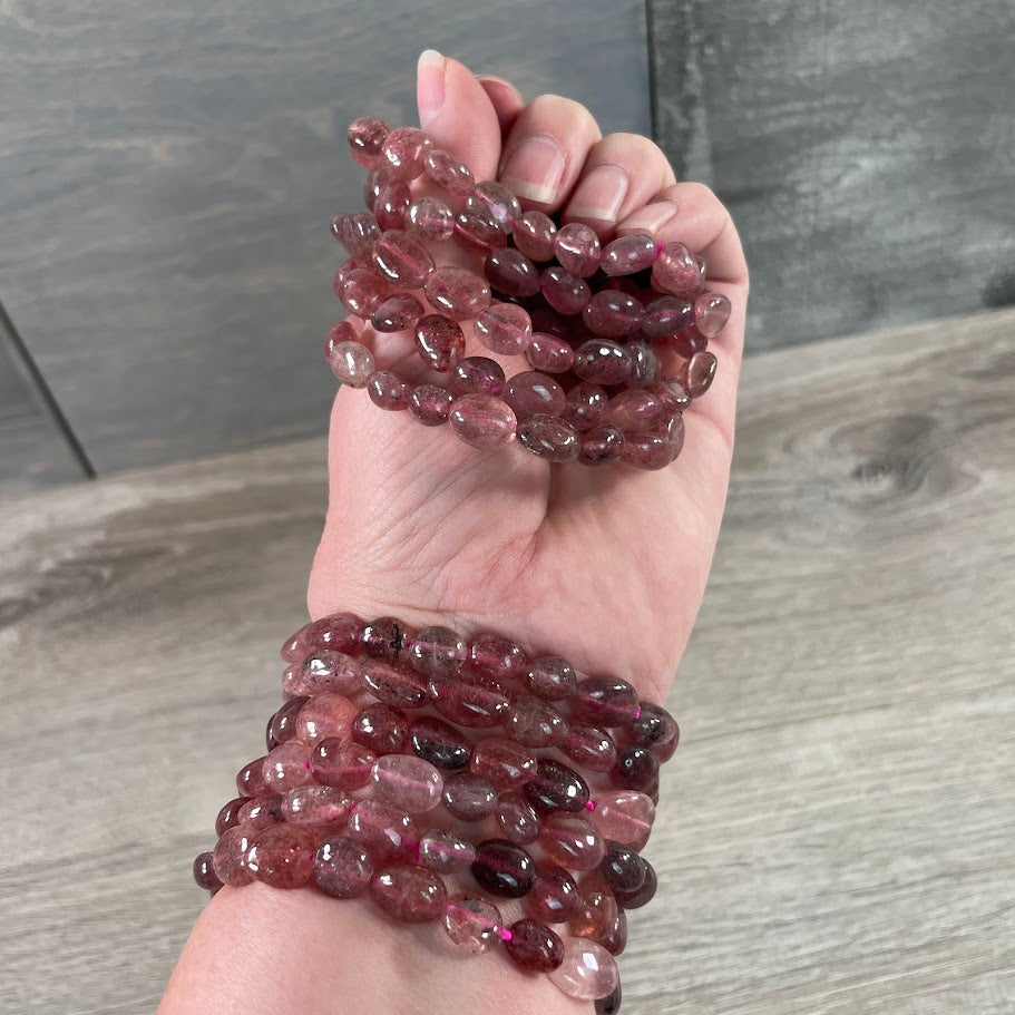 Gemstone nugget strawberry quartz stretch bracelet with unique natural stone colors