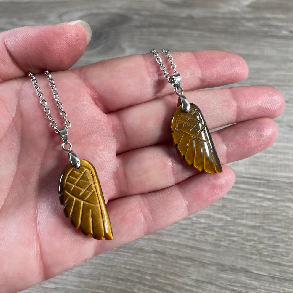 Gemstone tiger eye wing pendant necklace for crystal shops and boutiques