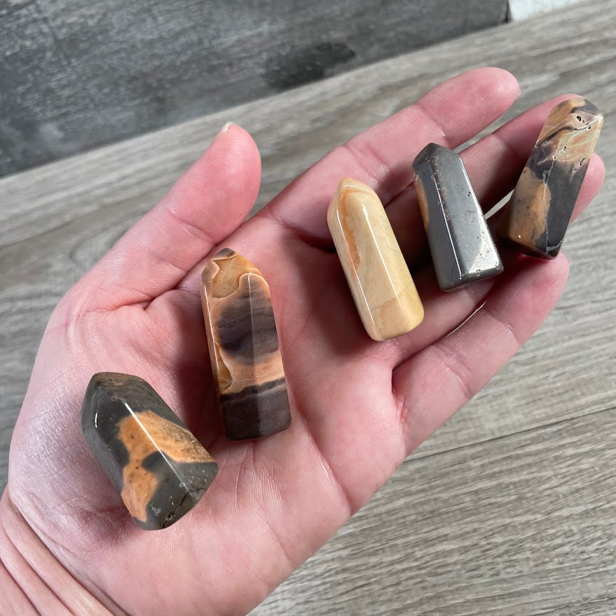 Small gemstone tower tiger jasper polished Brazilian crystal obelisks wholesale