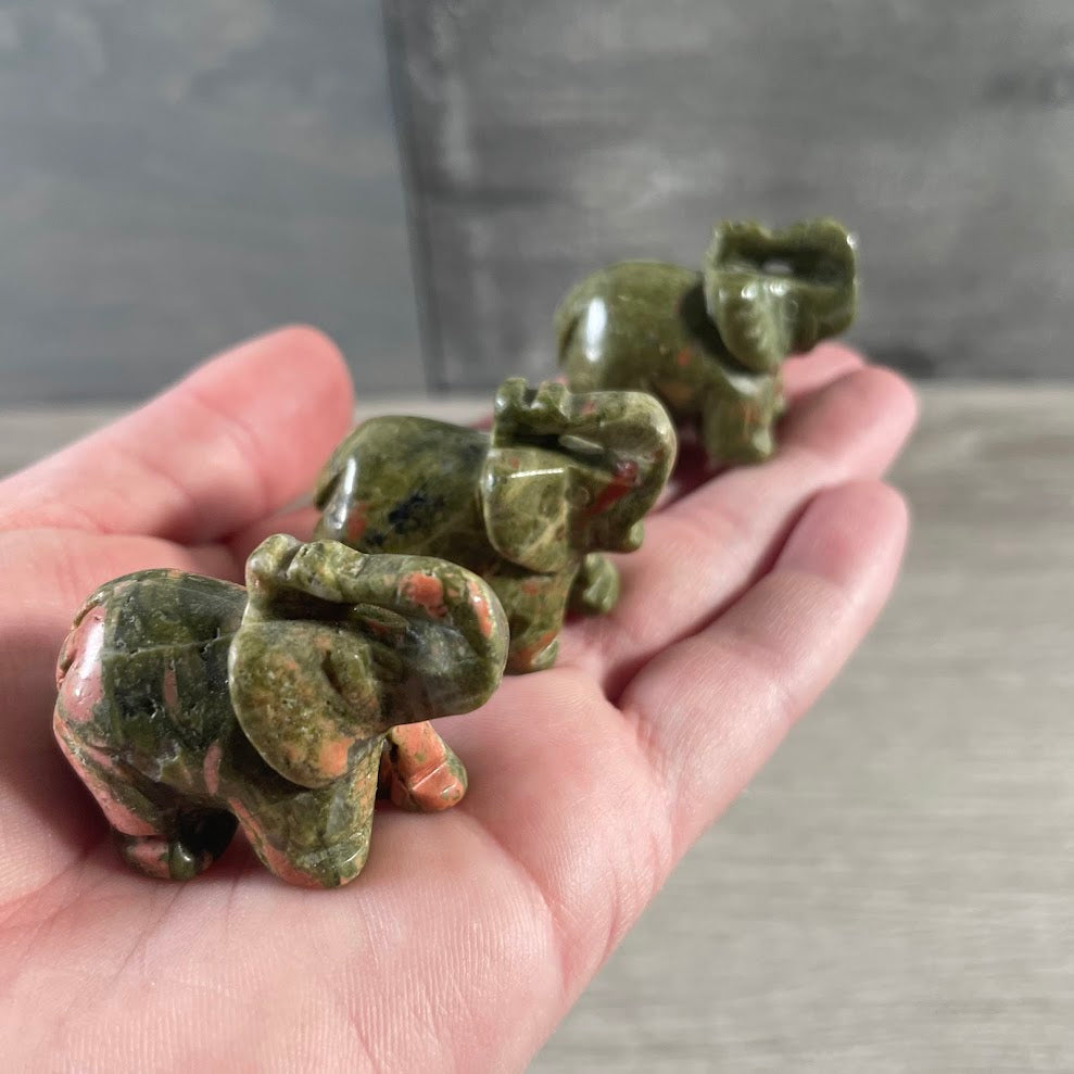 Unakite gemstone elephant figurine carved from natural stone for gift shops