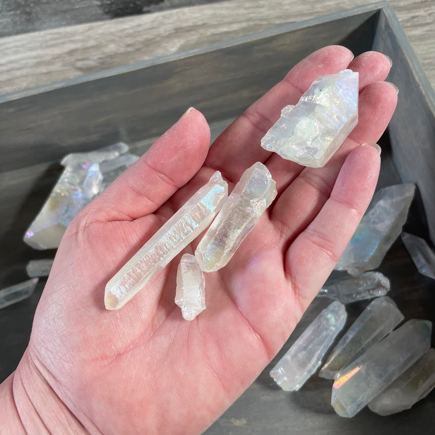 Iridescent Angel Aura Quartz raw crystal points wholesale one pound assortment