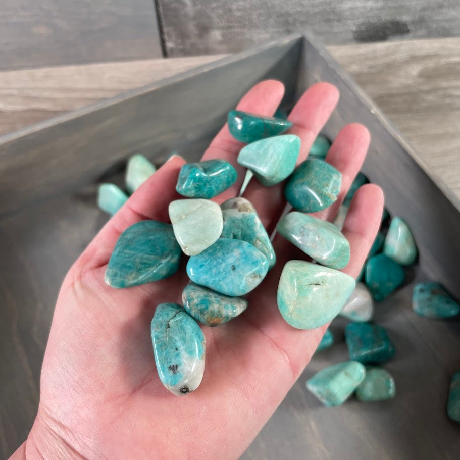 Wholesale amazonite tumbled crystal stones in a 1 pound assortment for gemstone retailers and crystal collections
