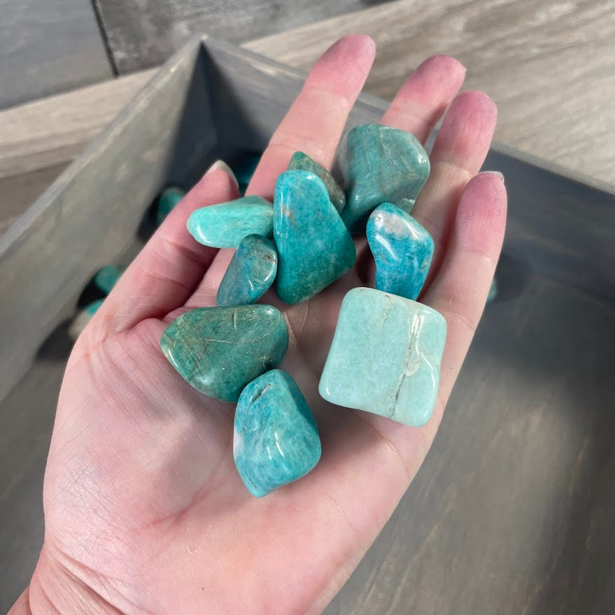 Natural Amazonite tumbled crystals in blue-green shades sold as a 1 LB wholesale gemstone lot