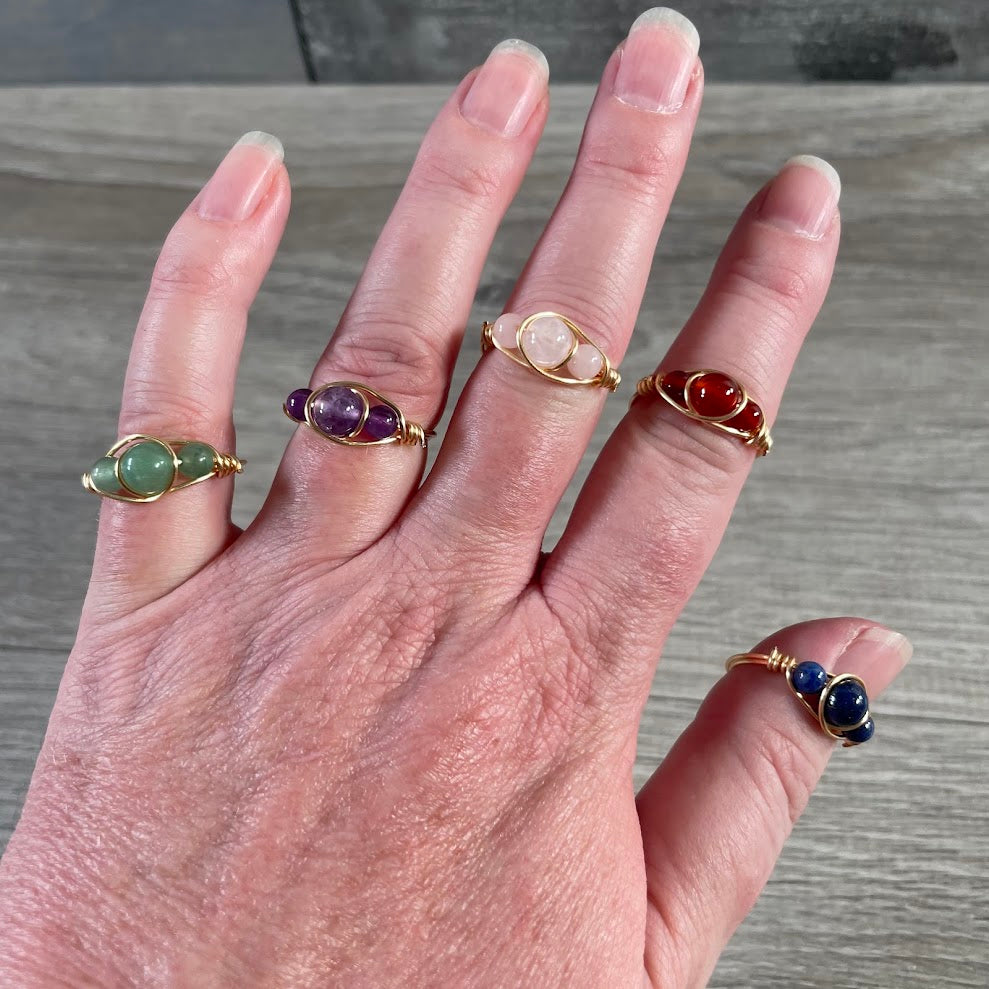 Gold-plated copper wire gemstone rings with assorted crystals for wholesale jewelry shops