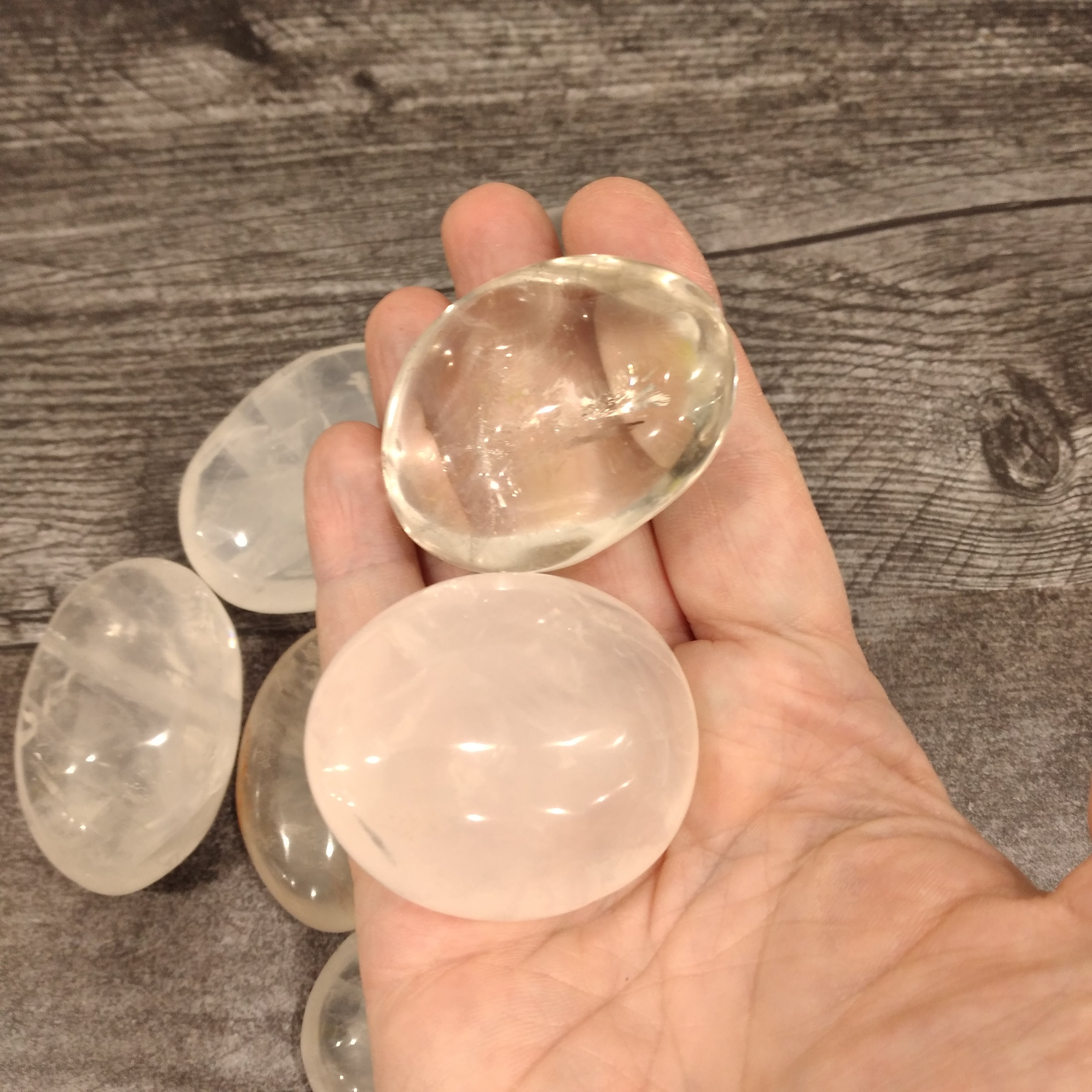 Smoky and Clear Quartz small palm stones.