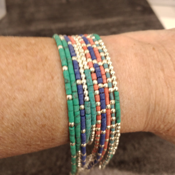 Stackable sterling bracelets in lapis coral and turquoise