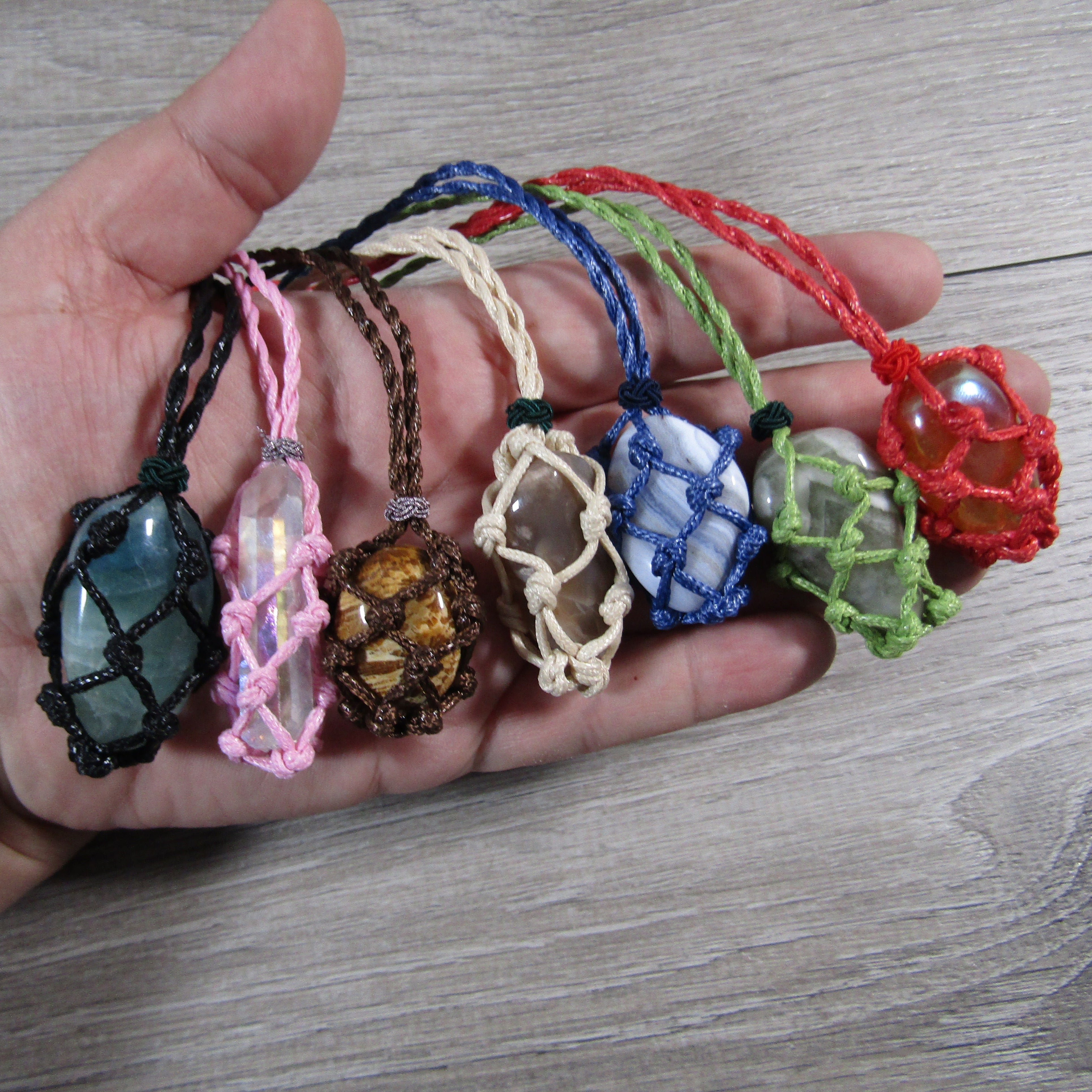 Adjustable macrame crystal cage necklace for tumbled stone