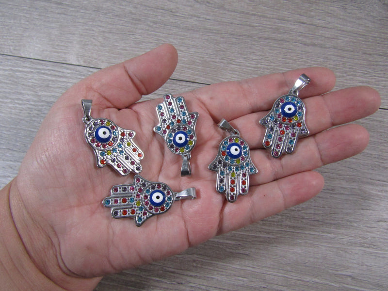 Rainbow Evil Eye Stainless Steel Hamsa Hand Pendant