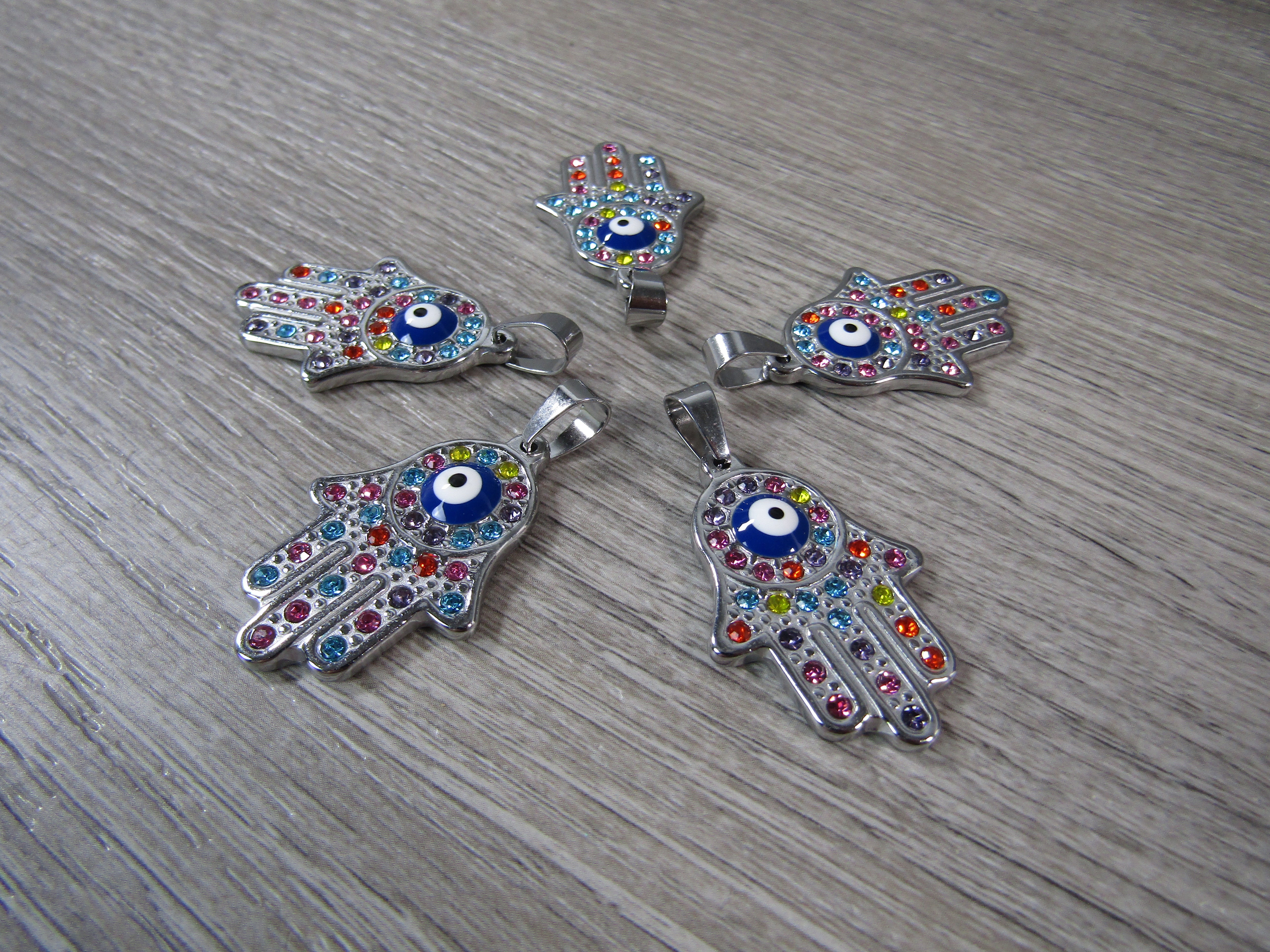 Rainbow Evil Eye Stainless Steel Hamsa Hand Pendant