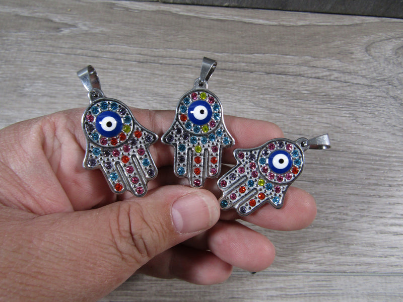 Rainbow Evil Eye Stainless Steel Hamsa Hand Pendant