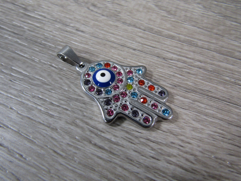 Rainbow Evil Eye Stainless Steel Hamsa Hand Pendant