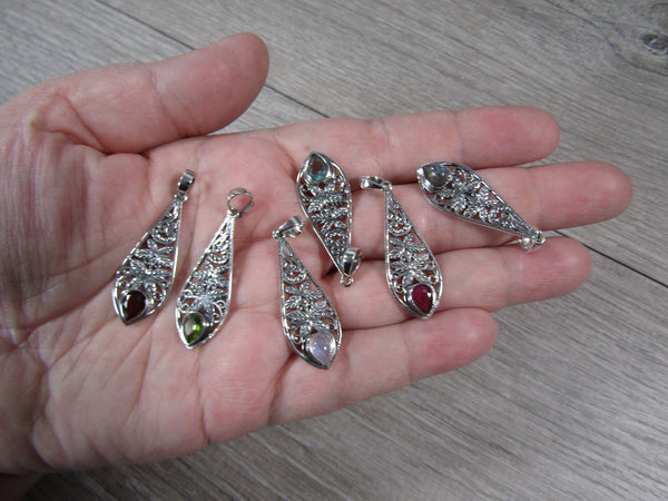 Assorted Gemstone Sterling Silver Feather Pendants
