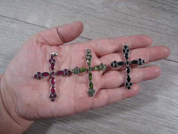 Large Sterling Silver Cross Pendant with crystal gemstones set throughout the cross