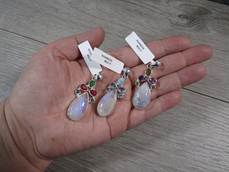 Rainbow Moonstone Sterling Silver Pendant Drop Shaped with Additional Stones