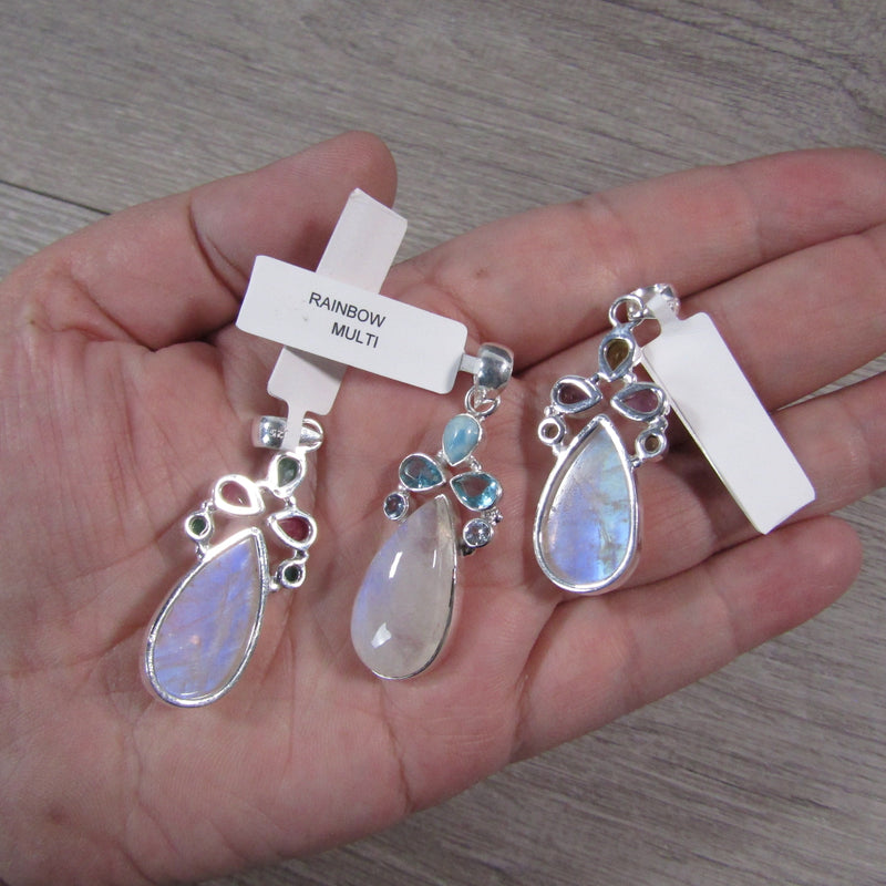 Rainbow Moonstone Sterling Silver Pendant Drop Shaped with Additional Stones