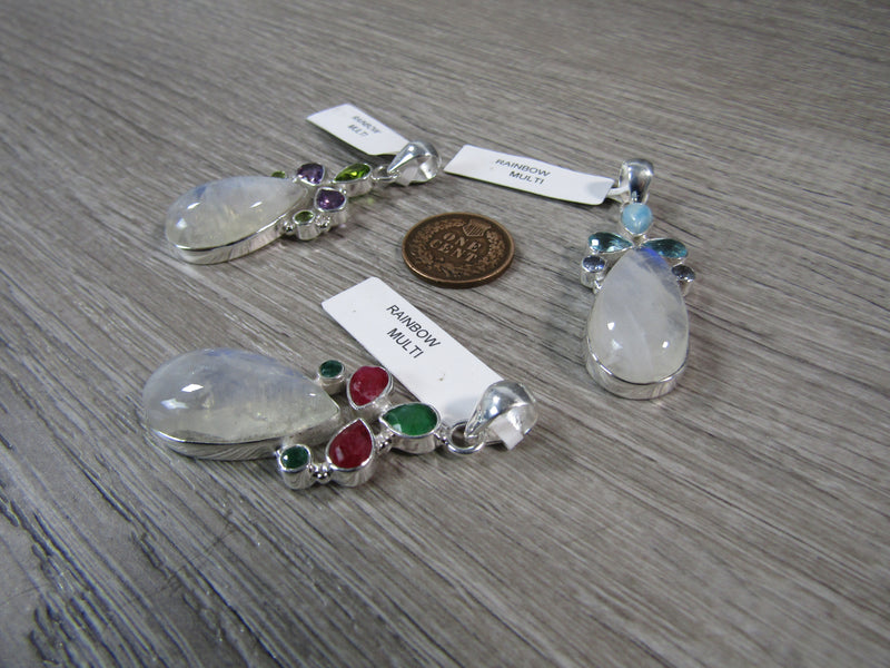 Rainbow Moonstone Sterling Silver Pendant Drop Shaped with Additional Stones