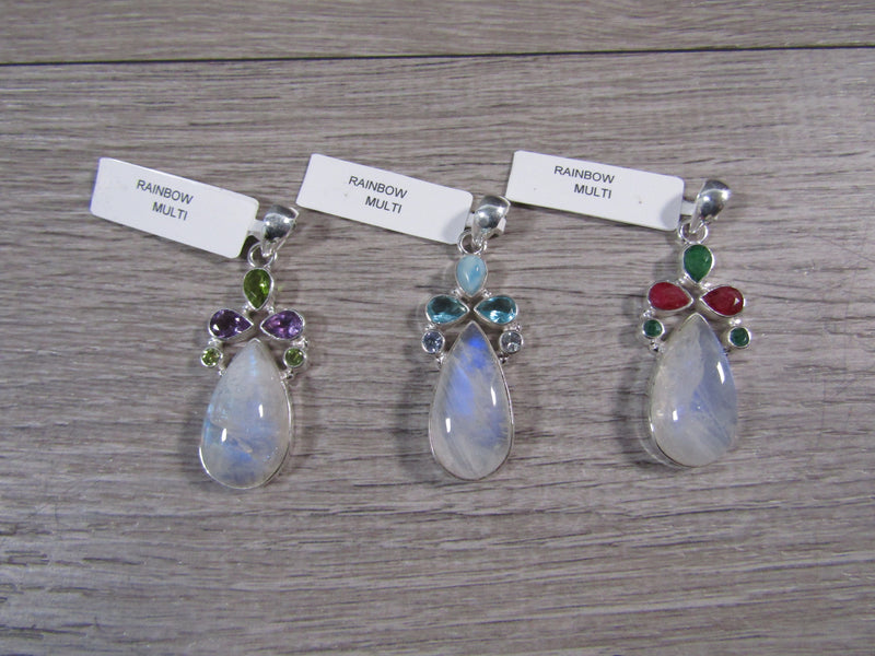 Rainbow Moonstone Sterling Silver Pendant Drop Shaped with Additional Stones