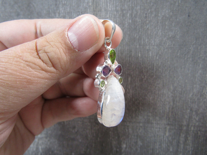 Rainbow Moonstone Sterling Silver Pendant Drop Shaped with Additional Stones