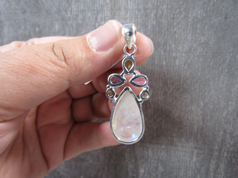 Rainbow Moonstone Sterling Silver Pendant Drop Shaped with Additional Stones