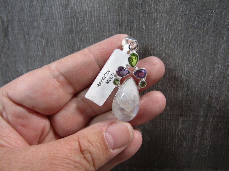 Rainbow Moonstone Sterling Silver Pendant Drop Shaped with Additional Stones