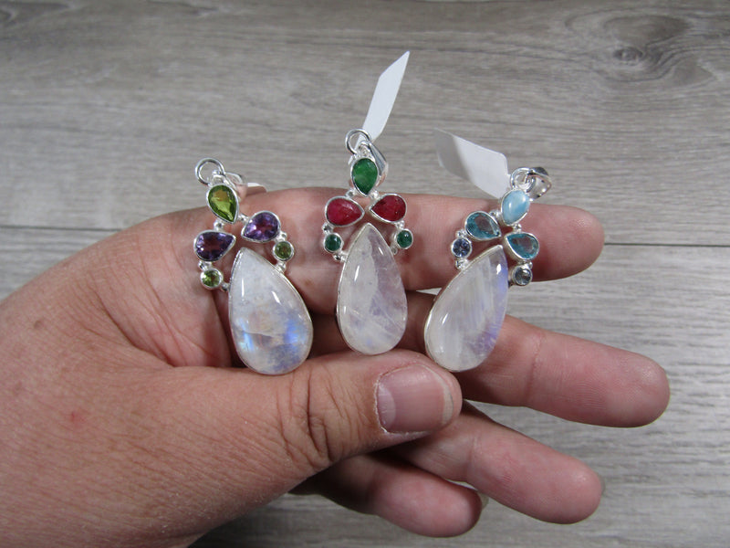 Rainbow Moonstone Sterling Silver Pendant Drop Shaped with Additional Stones